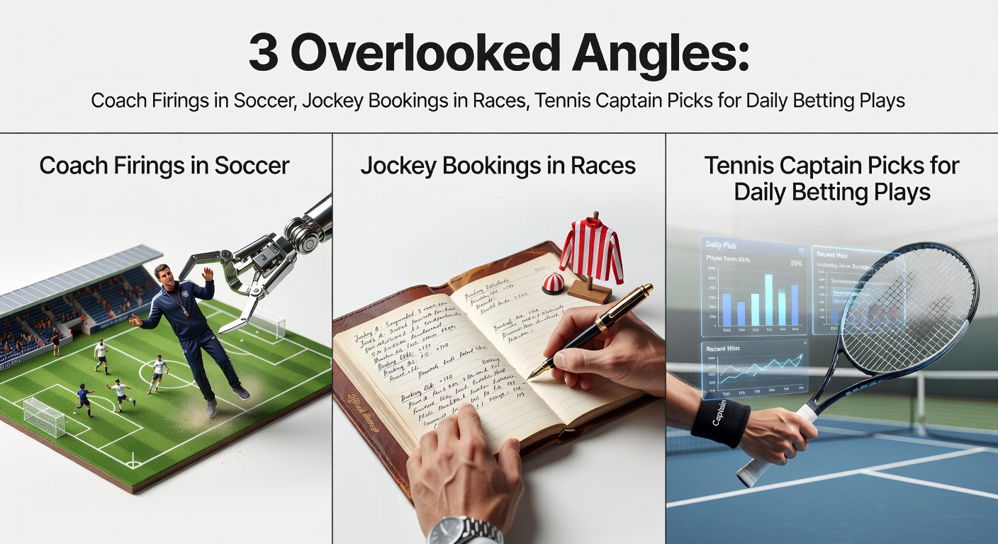 Soccer coach on sidelines gesturing intensely during a match, with a jockey riding a horse in the background and tennis players conferring with their captain