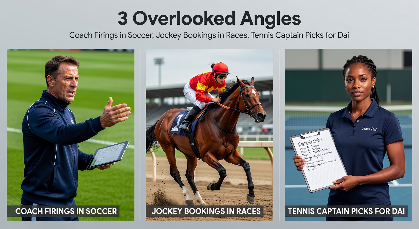Close-up of a tennis captain discussing strategy with players on court, overlaid with a soccer stadium crowd and horse racing starting gates