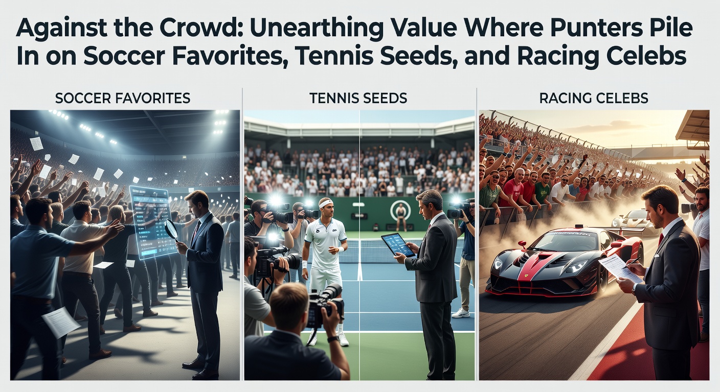 Crowd of bettors cheering favorites at a packed soccer stadium, highlighting the rush on popular picks while value hides in the shadows