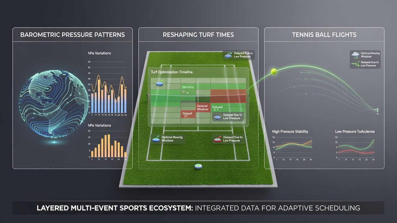 Tennis ball trajectory analysis overlay showing pressure-influenced flight paths