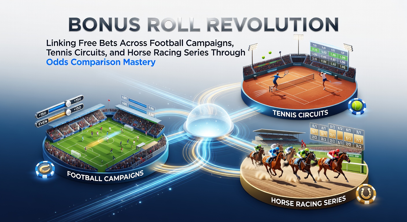 Dynamic visualization of free bet tokens flowing between football pitches, tennis courts, and horse racing tracks, connected by odds comparison charts