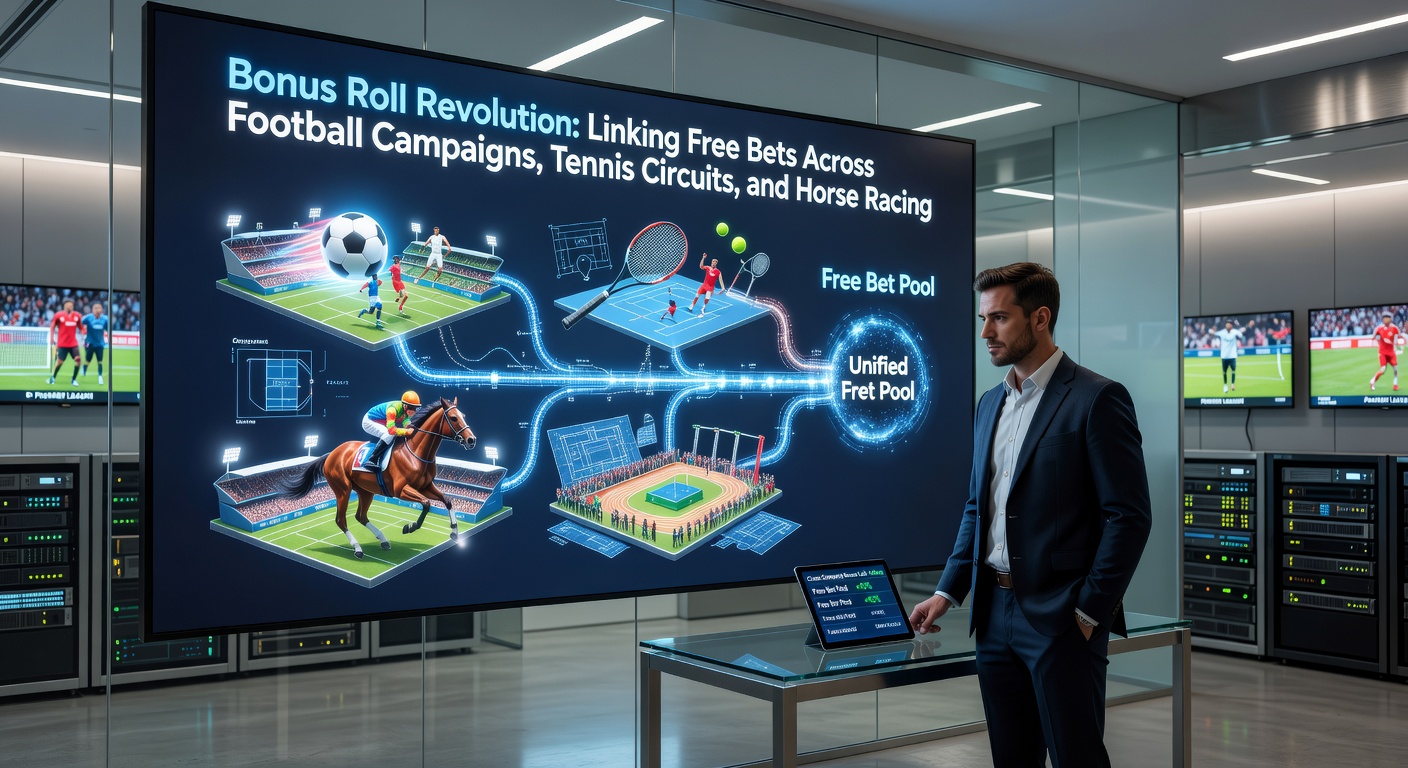 Tennis player mid-serve on clay court overlaid with odds ticker and free bet icons transitioning to horse racing starting gates