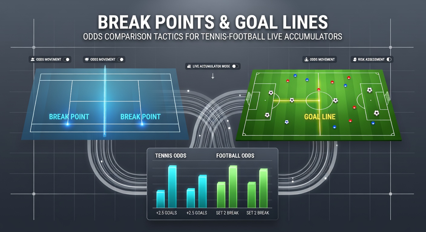 Tennis player serving during a crucial break point moment overlaid with a football goal line graphic showing betting odds fluctuations