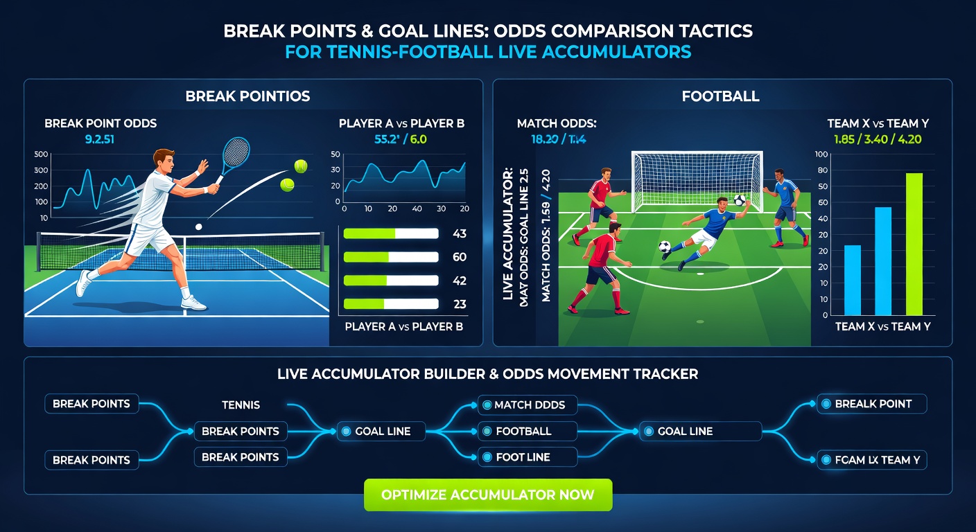 Split-screen graphic of a tennis break point conversion and a football goal crossing the line, with odds comparison charts highlighting arbitrage opportunities