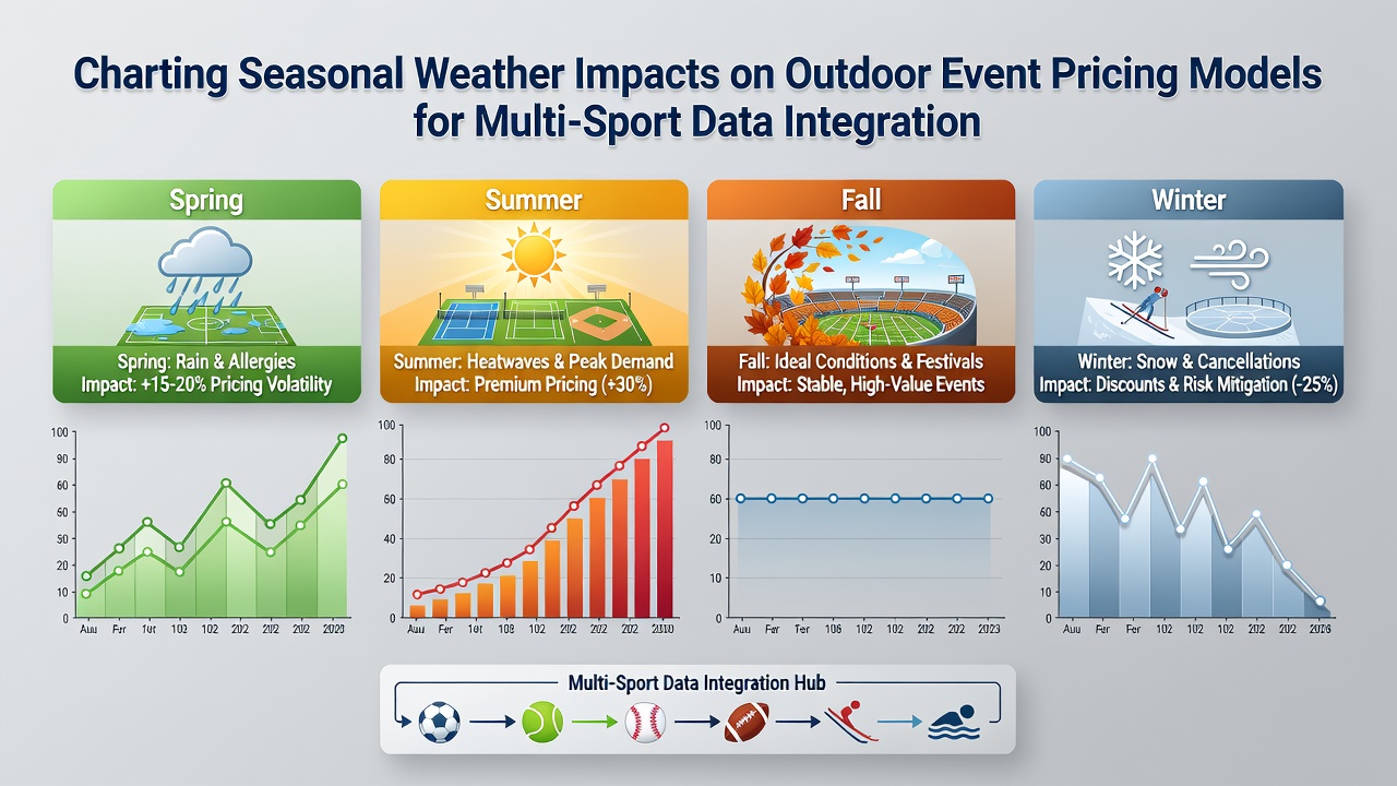 Seasonal weather data visualization showing temperature and precipitation patterns across multiple outdoor sports venues