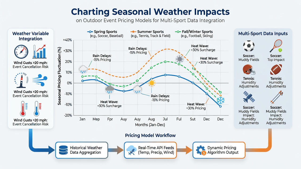 Multi-sport outdoor venue with overlaid weather impact charts and pricing adjustment indicators