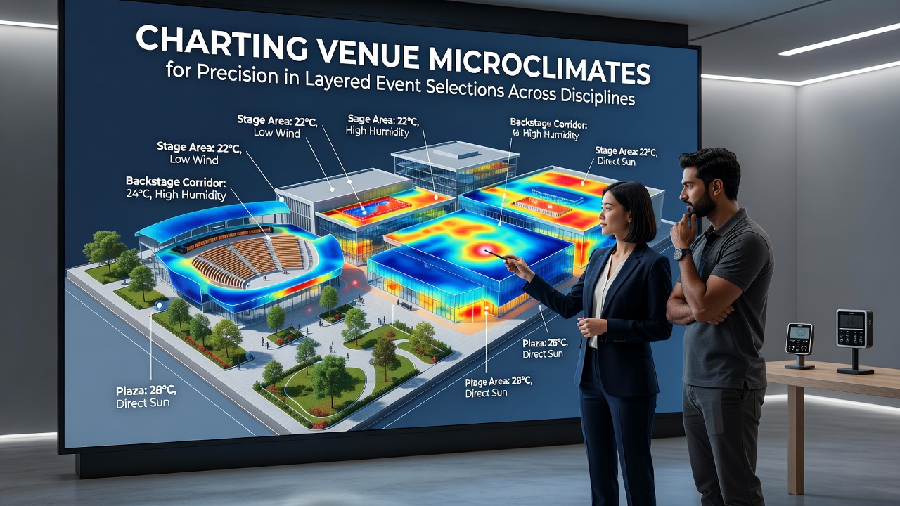 Detailed venue microclimate mapping station with sensors tracking temperature, humidity and wind patterns at an outdoor event site