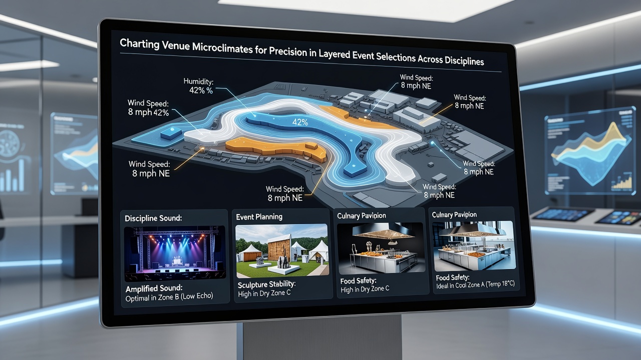 Three-dimensional microclimate model overlay on a multi-purpose venue showing layered event zones for sports, performances and exhibitions