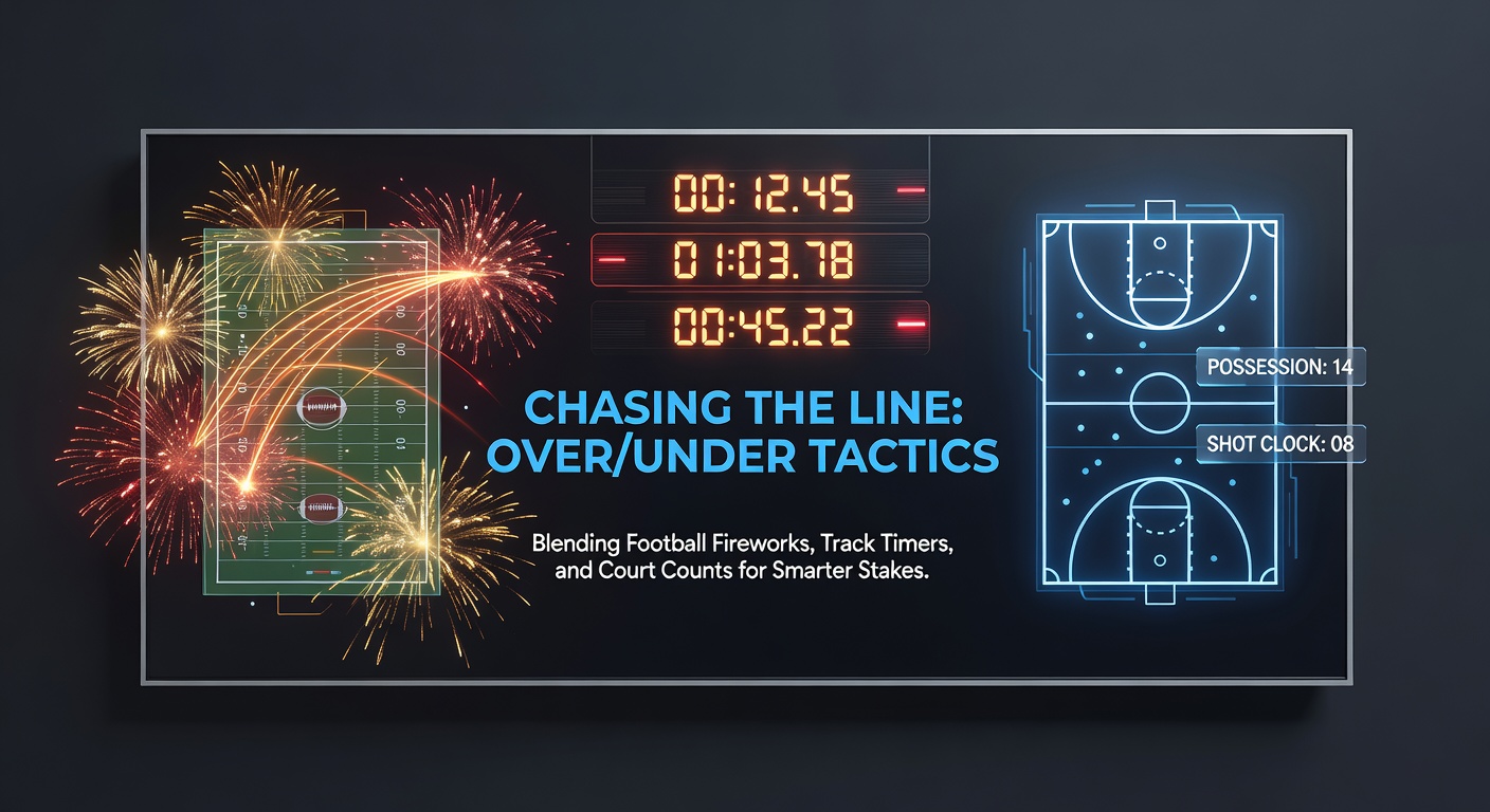 Dynamic over/under betting lines visualized across football goals, horse racing timers, and tennis court scores, highlighting blended tactical edges