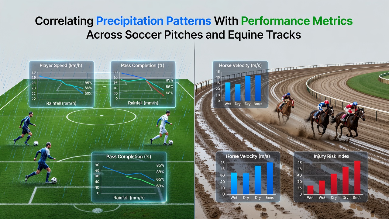Data visualization showing precipitation correlation graphs overlaid on soccer pitch and horse track performance metrics