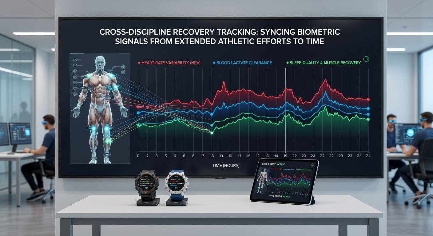 Dashboard interface displaying synced biometric recovery data overlaid on an athlete's multi-event competition calendar