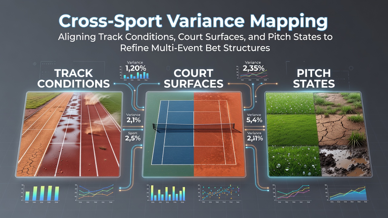 Diagram showing alignment of horse racing track moisture levels, tennis court surface friction, and football pitch grass density for cross-sport betting analysis