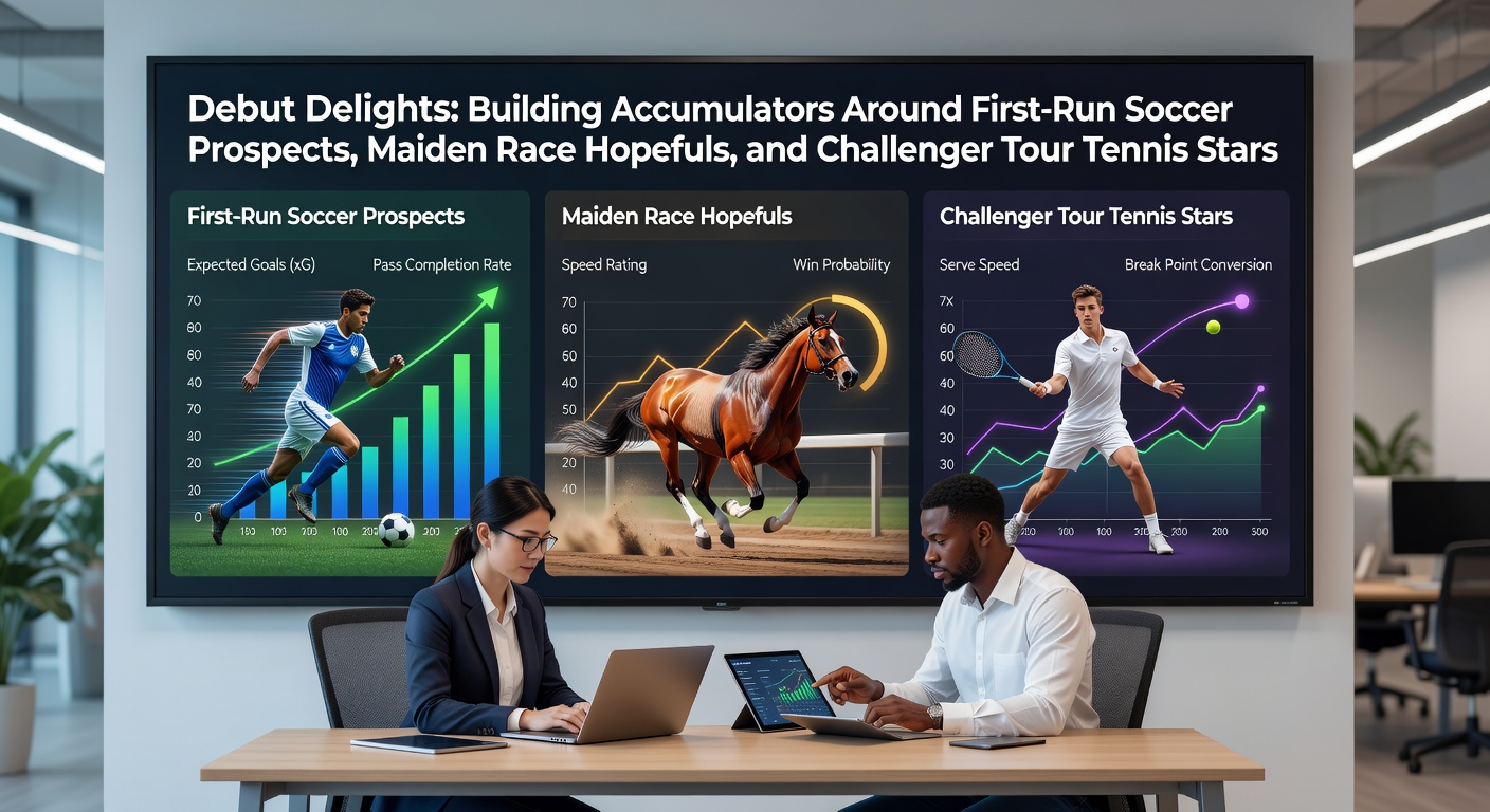 A dynamic collage showing a young soccer player celebrating a debut goal, a horse charging down the track in its first maiden race, and a tennis player serving on a Challenger Tour court under bright lights