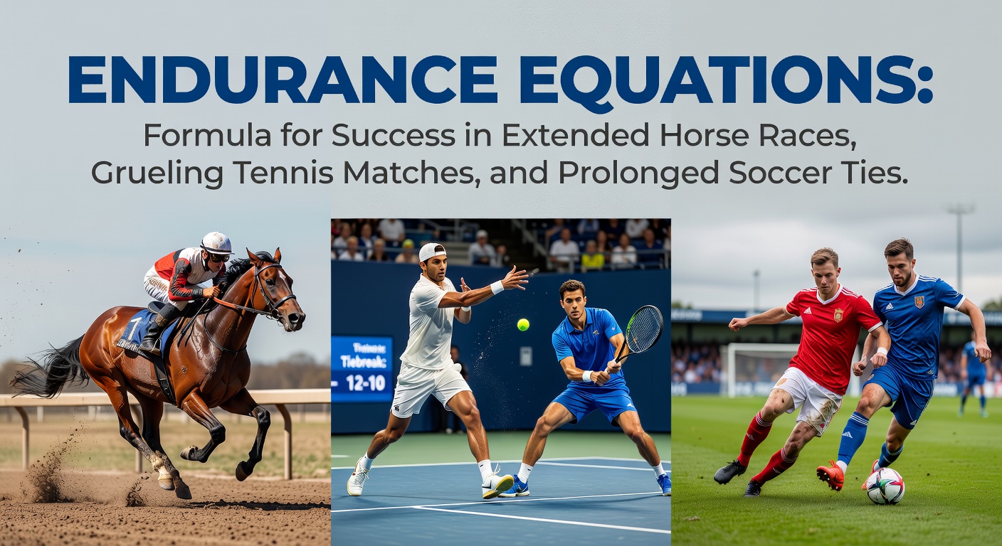 A horse charging down the final stretch of a long-distance race, flanked by competitors straining under fatigue, while a tennis player wipes sweat mid-rally and soccer players clash in extra time under floodlights