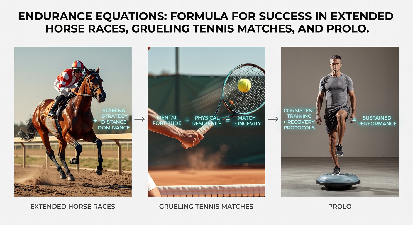 Tennis players locked in a fifth-set tiebreak under blazing sun, a soccer team huddled during extra-time water break, and a cluster of horses navigating a muddy endurance course at dusk