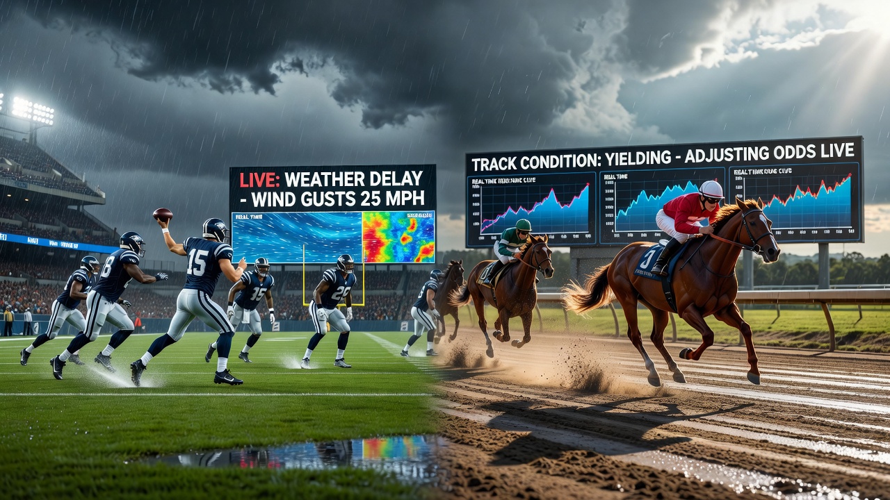Horse racing track with weather sensors and real-time odds display during variable conditions