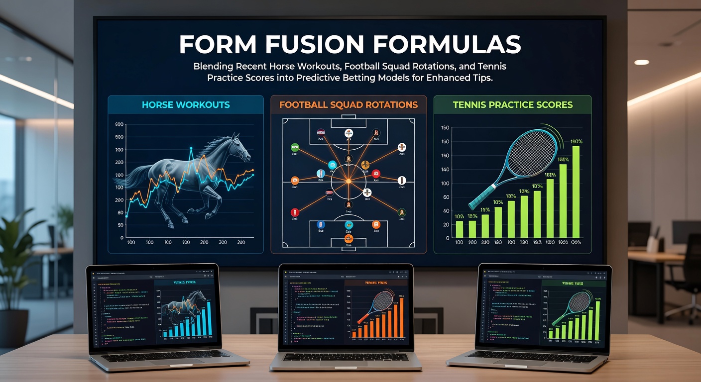 Data visualization showing overlaid graphs of horse workout speeds, football player rotation patterns, and tennis practice match scores forming a predictive model curve