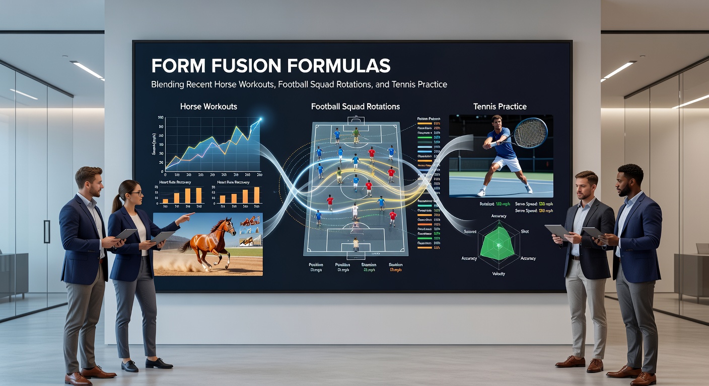 Infographic of a fusion formula dashboard displaying horse workout timelines synced with football rotation heatmaps and tennis practice score trends