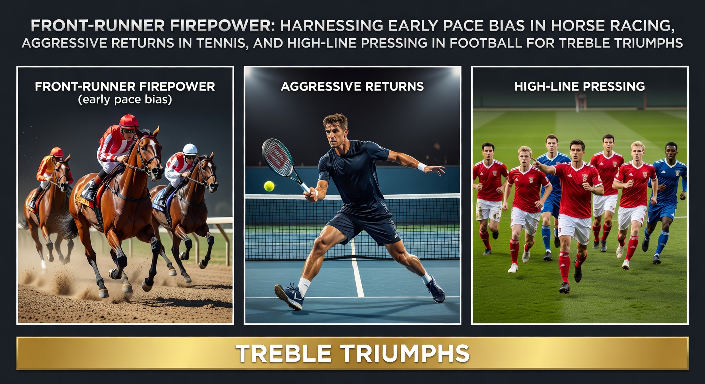 A front-running horse surges ahead in a tight race, illustrating early pace bias on a sunlit track