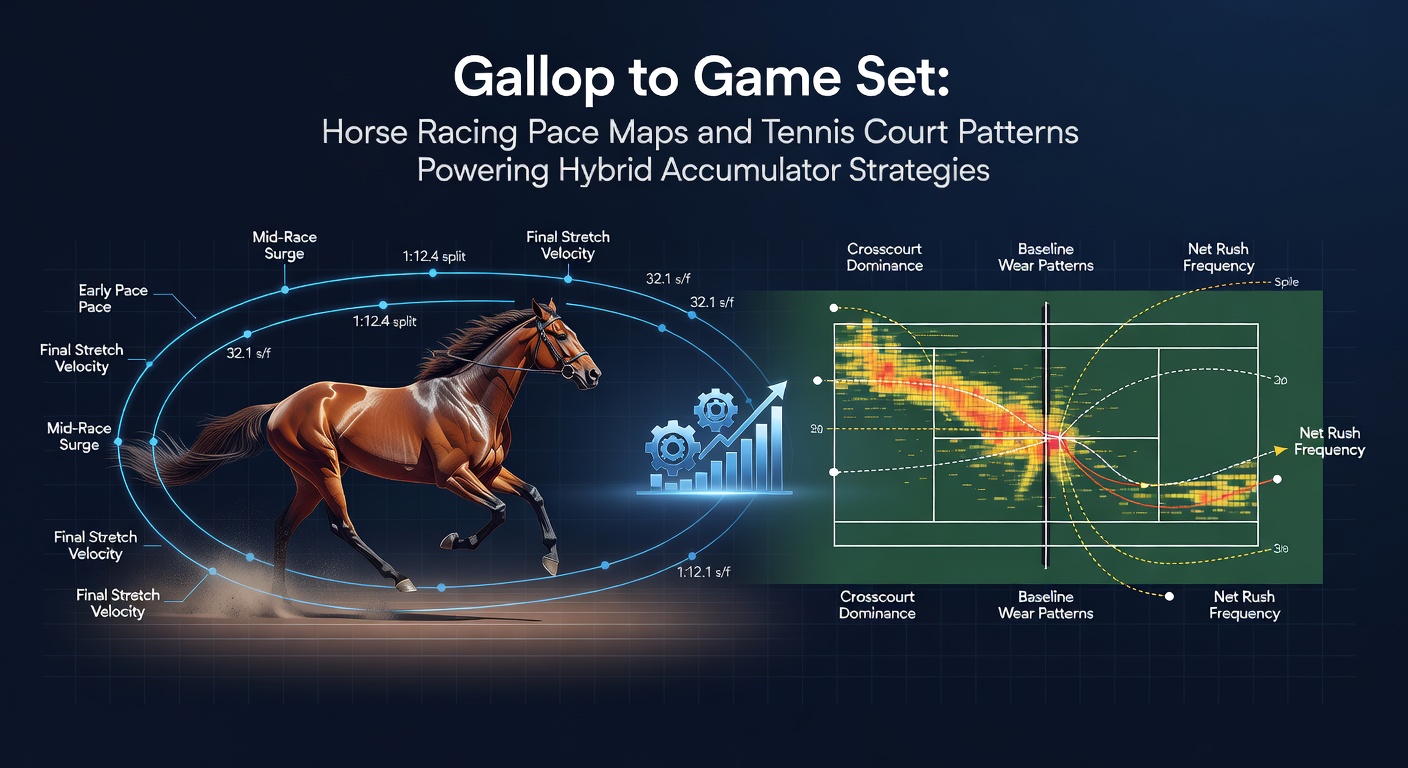 Visualization of a horse racing pace map overlaid with tennis court player trajectories, highlighting hybrid betting patterns