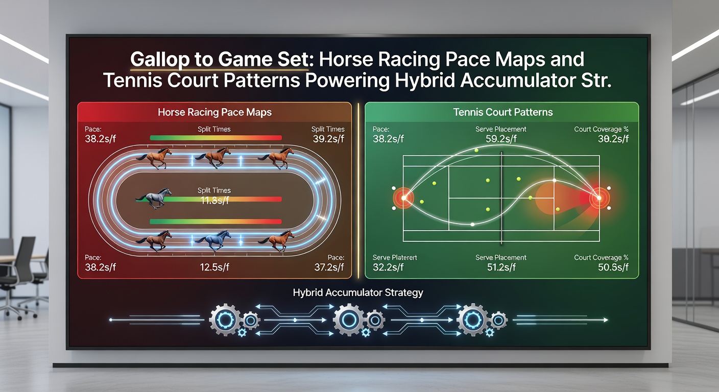 Split-screen graphic showing a crowded horse race pace projection next to a tennis player's heat map on court, illustrating strategic overlaps
