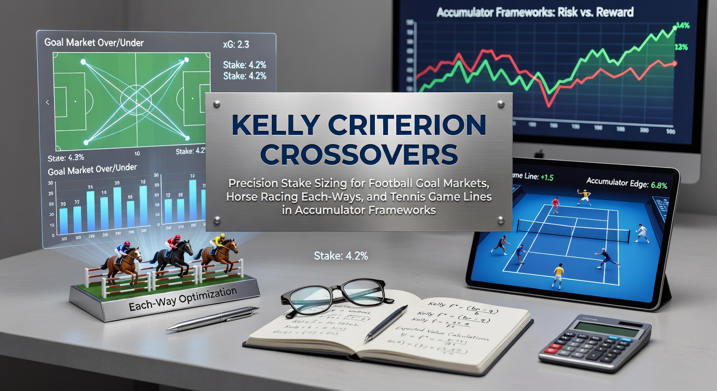 Visual representation of Kelly Criterion formula applied to a multi-sport accumulator chart, showing bankroll growth curves for football, horse racing, and tennis bets