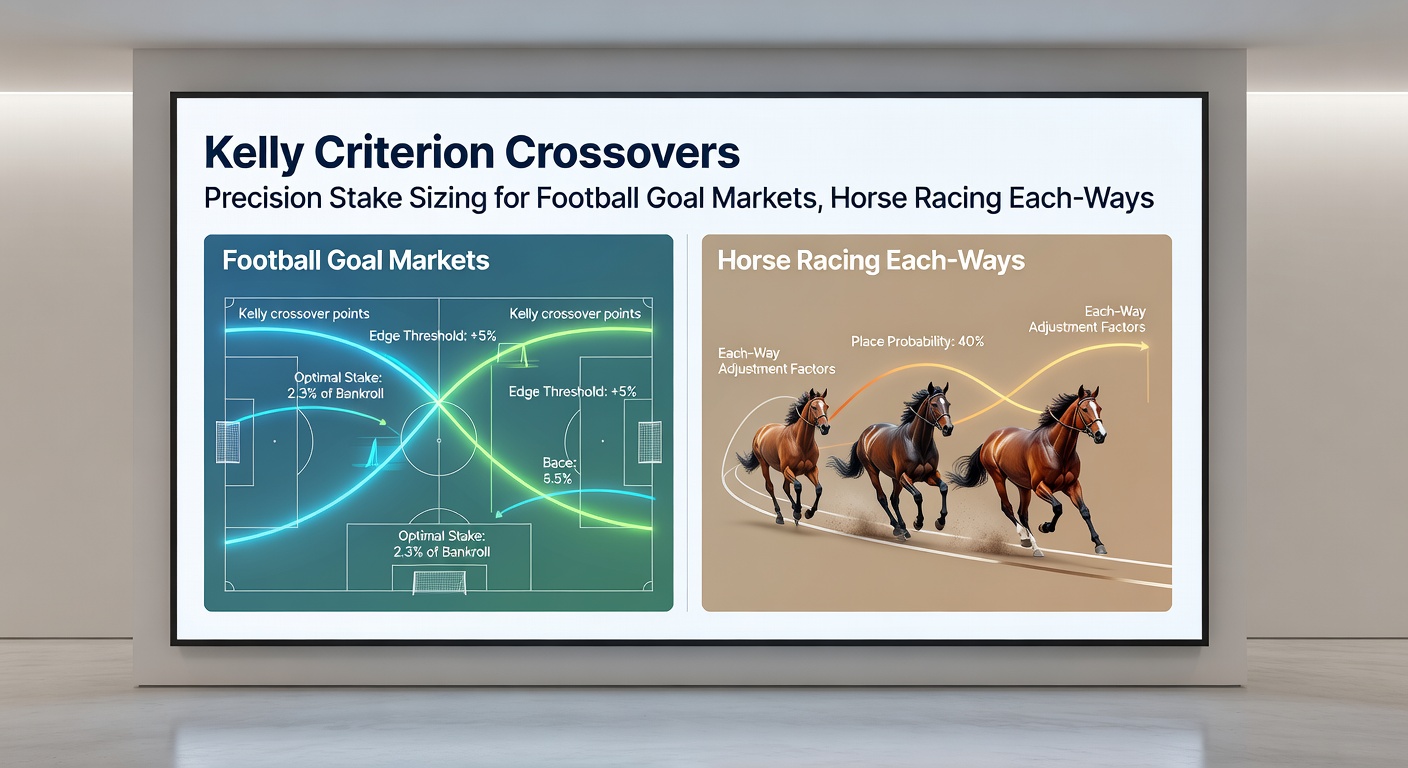 Infographic depicting Kelly stake allocations across a sample accumulator with football goals, horse each-way, and tennis games, highlighting growth trajectories