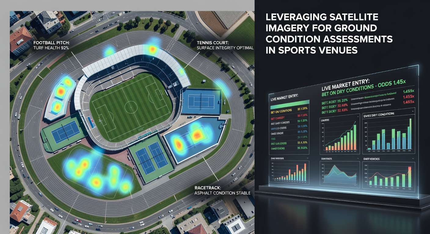 Satellite view capturing detailed ground moisture and turf patterns across multiple sports venues including football pitches and racetracks