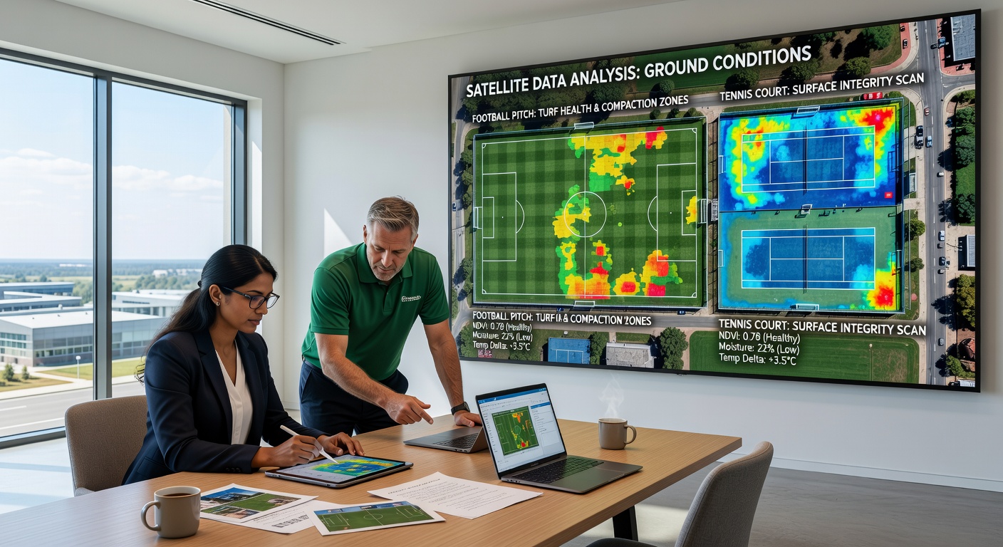 Processed satellite imagery highlighting soil compaction levels and moisture distribution on a tennis court and adjacent racetrack sections