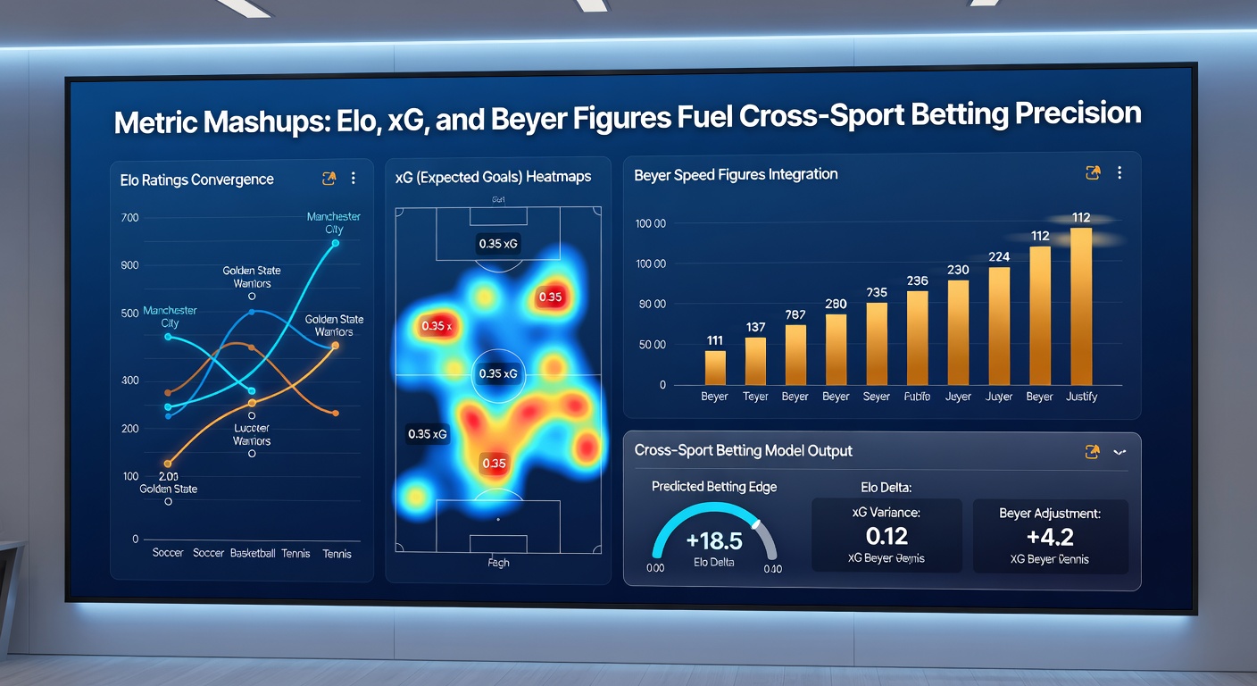 Dashboard visualization mashing Elo ladders, xG heatmaps, and Beyer trend lines for a sample cross-sport parlay on April 2026 events