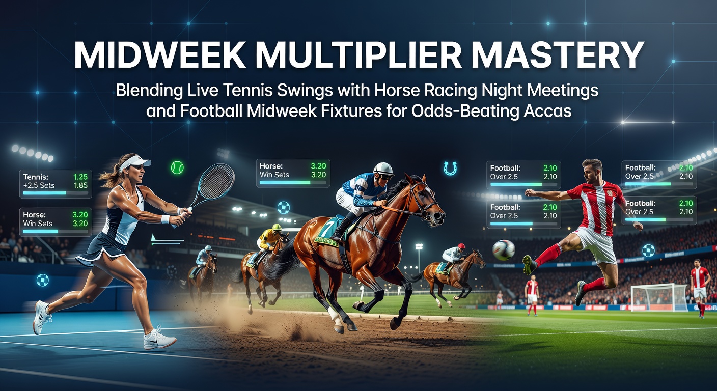Dynamic collage showing a tennis player mid-swing on clay court, horses thundering under night lights at a racetrack, and footballers clashing in a midweek floodlit match, symbolizing blended accumulator betting opportunities