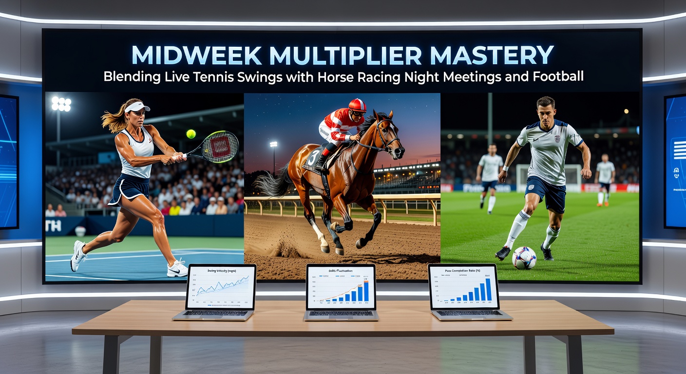 Split-screen visualization of a tennis scoreboard flipping mid-swing, a horse crossing the line in a tight night photo-finish, and a football goal celebration amid midweek tension, illustrating accumulator synergy