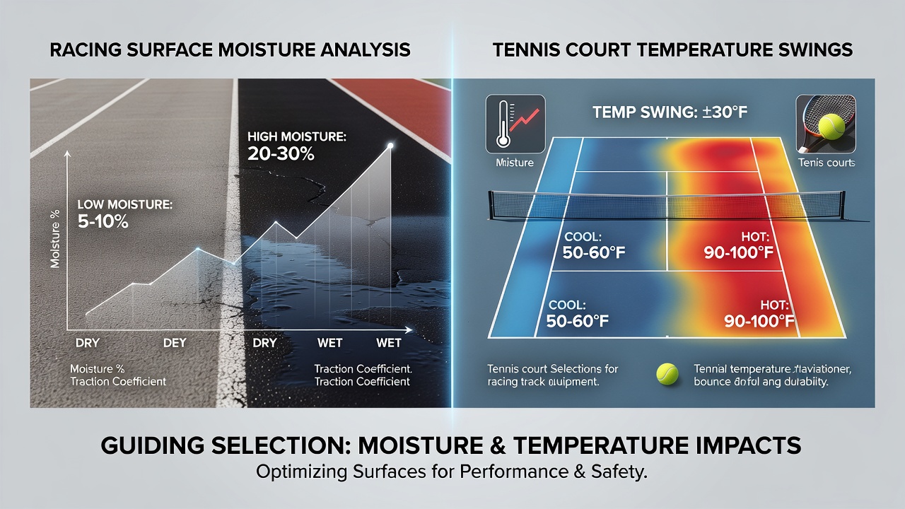 Split view showing detailed moisture sensor data on a horse racing turf track next to infrared temperature readings on a tennis hard court