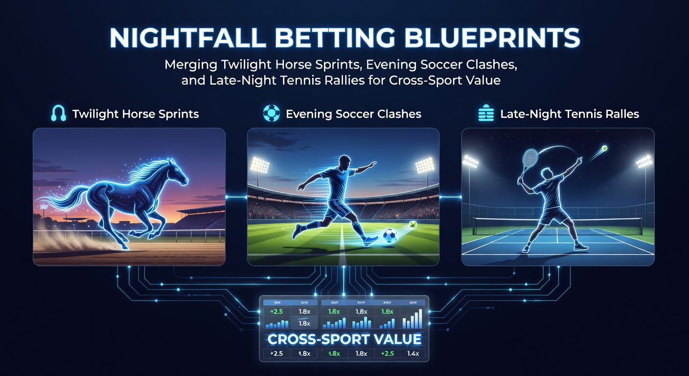 Twilight horse sprint under floodlights with jockeys urging horses forward in the dimming light