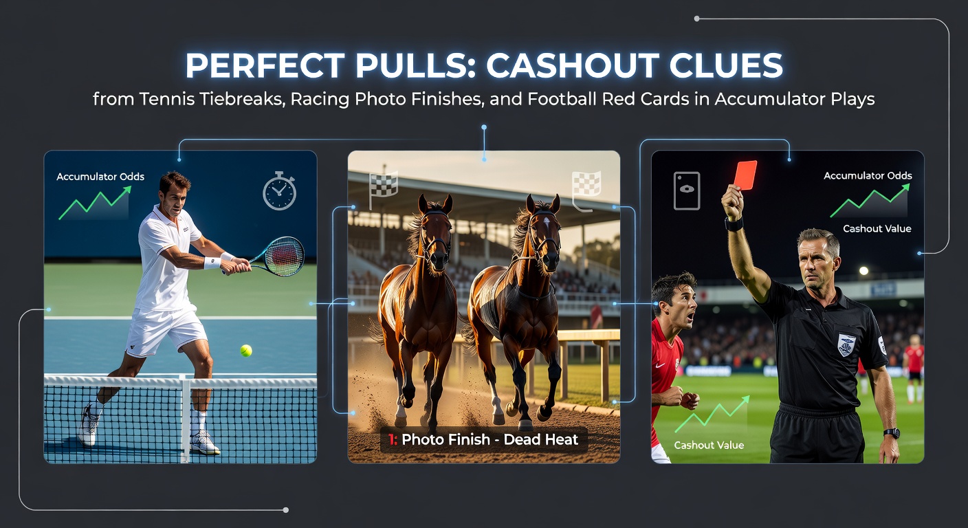 Tennis player serving during a tense tiebreak, with a horse racing photo finish and football referee showing a red card in the background, illustrating key accumulator cashout moments