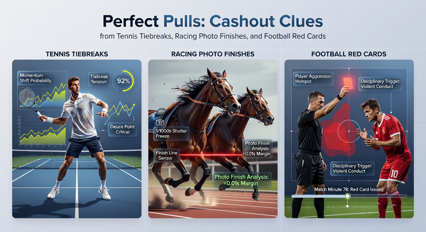 Close-up of a horse racing photo finish printout next to a football red card incident and tennis tiebreak scoreboard, highlighting cashout decision points in betting accumulators