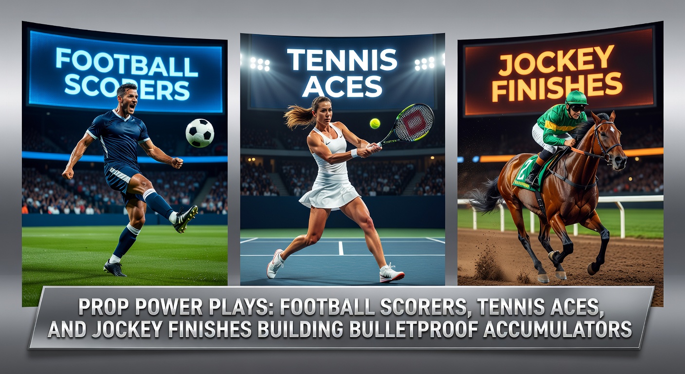 Collage of a football player celebrating a goal, a tennis ace serve captured mid-air, and a jockey urging a horse across the finish line in a tight race