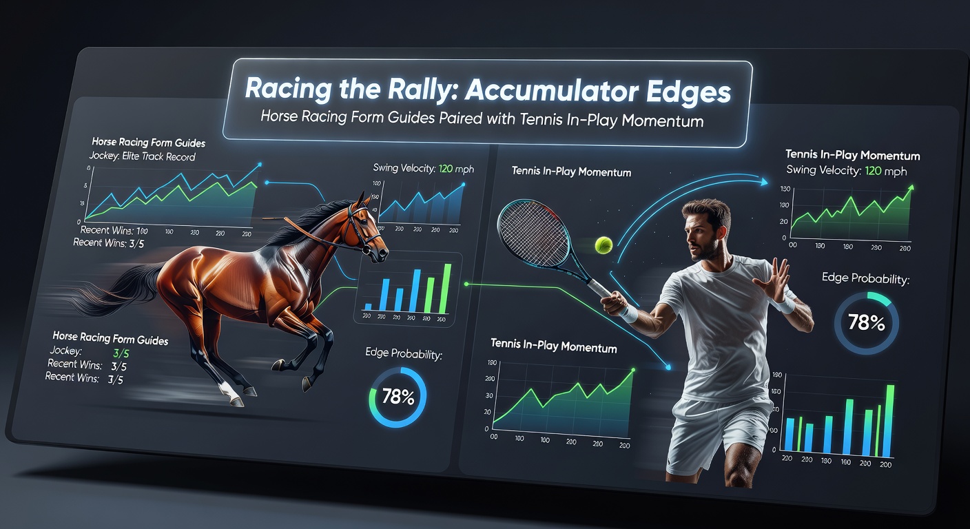 Dynamic scene of galloping horses on a racetrack merging with a tennis rally in progress, symbolizing the blend of pre-race analysis and live momentum shifts