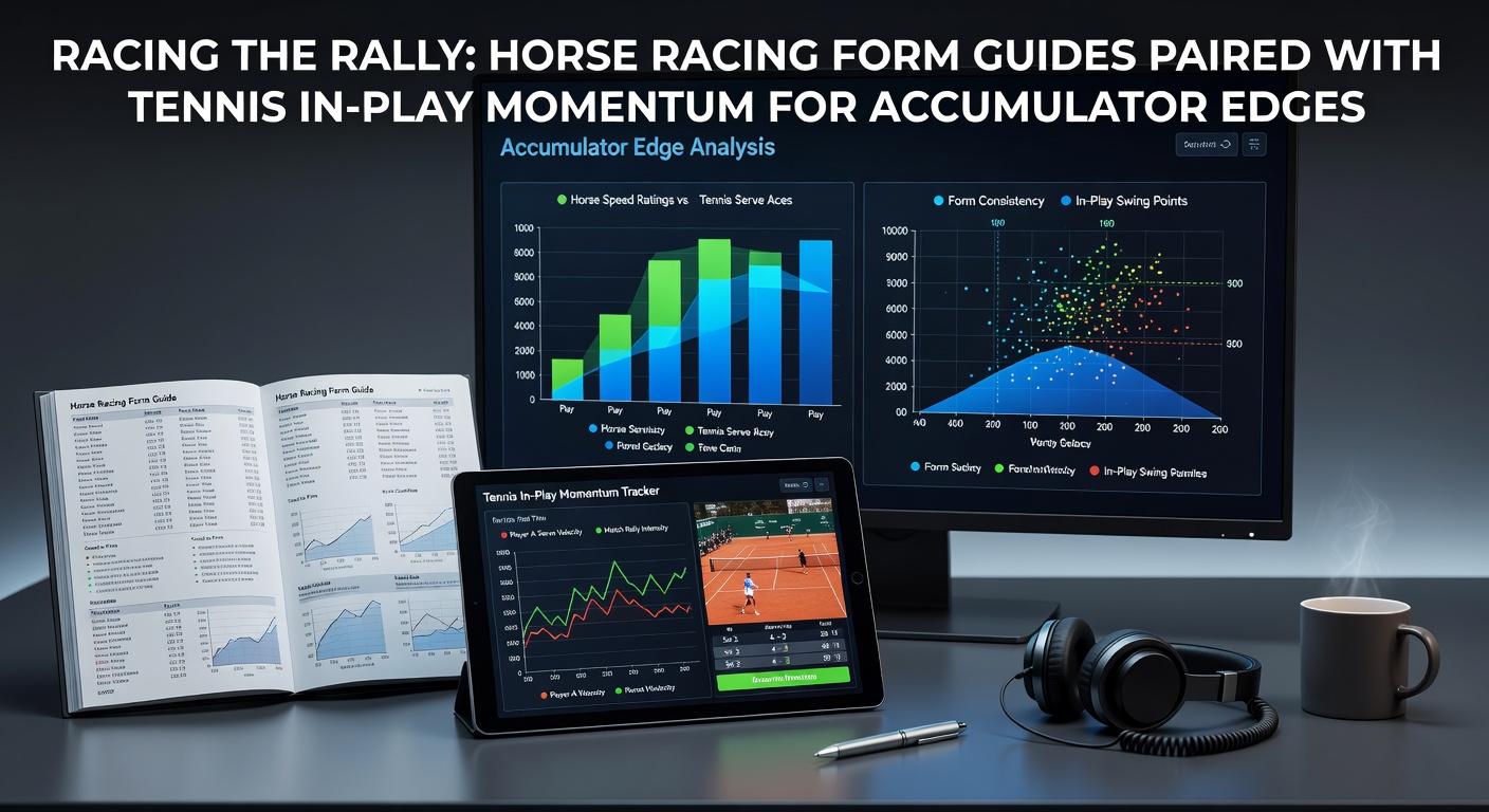 Close-up of a tennis player mid-rally overlaid on a horse racing form guide page, highlighting key stats like recent form figures and momentum indicators