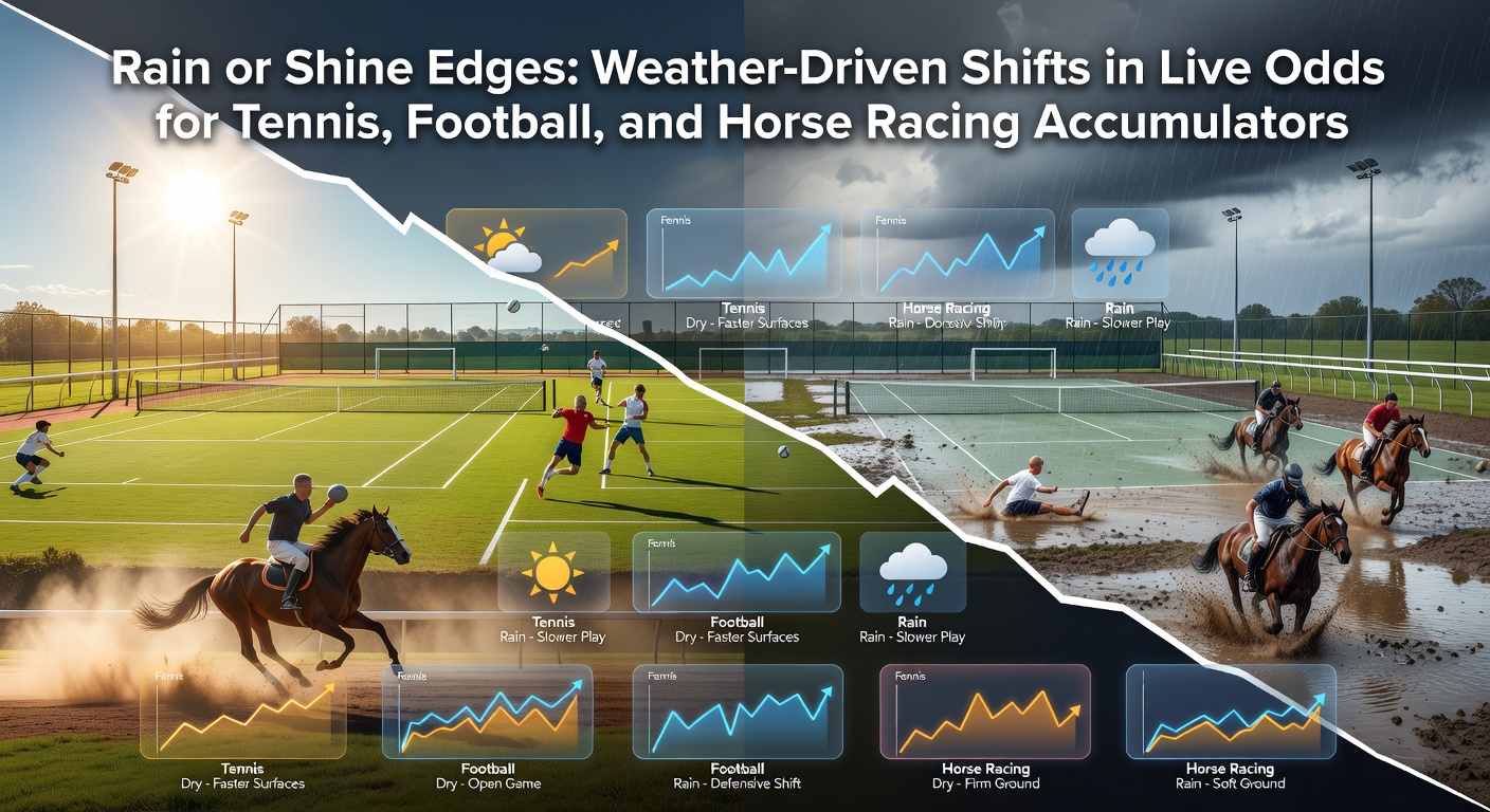 Dark storm clouds gathering over a tennis court during a match, with players pausing as rain begins to fall, highlighting sudden weather interruptions in live betting scenarios