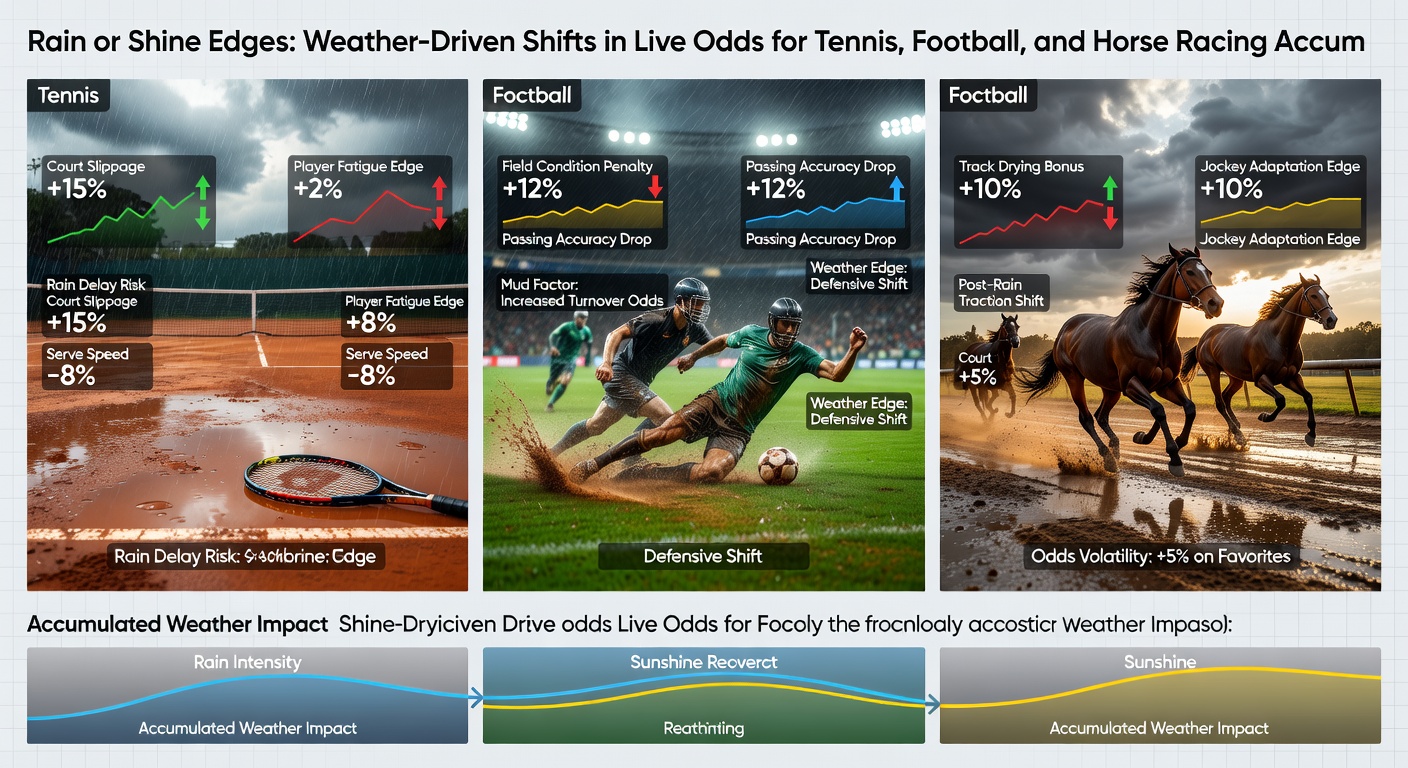 A flooded football pitch during a stormy match, players struggling for footing as water pools on the field, illustrating how rain drastically alters live betting dynamics in soccer accumulators
