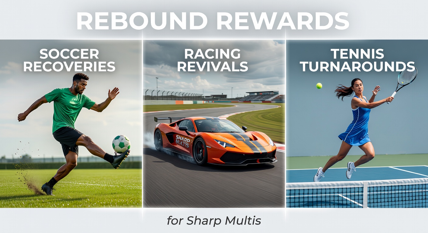 A dynamic split image showing a soccer player celebrating a late goal, a horse surging ahead in the final stretch, and a tennis player fist-pumping after a comeback set win