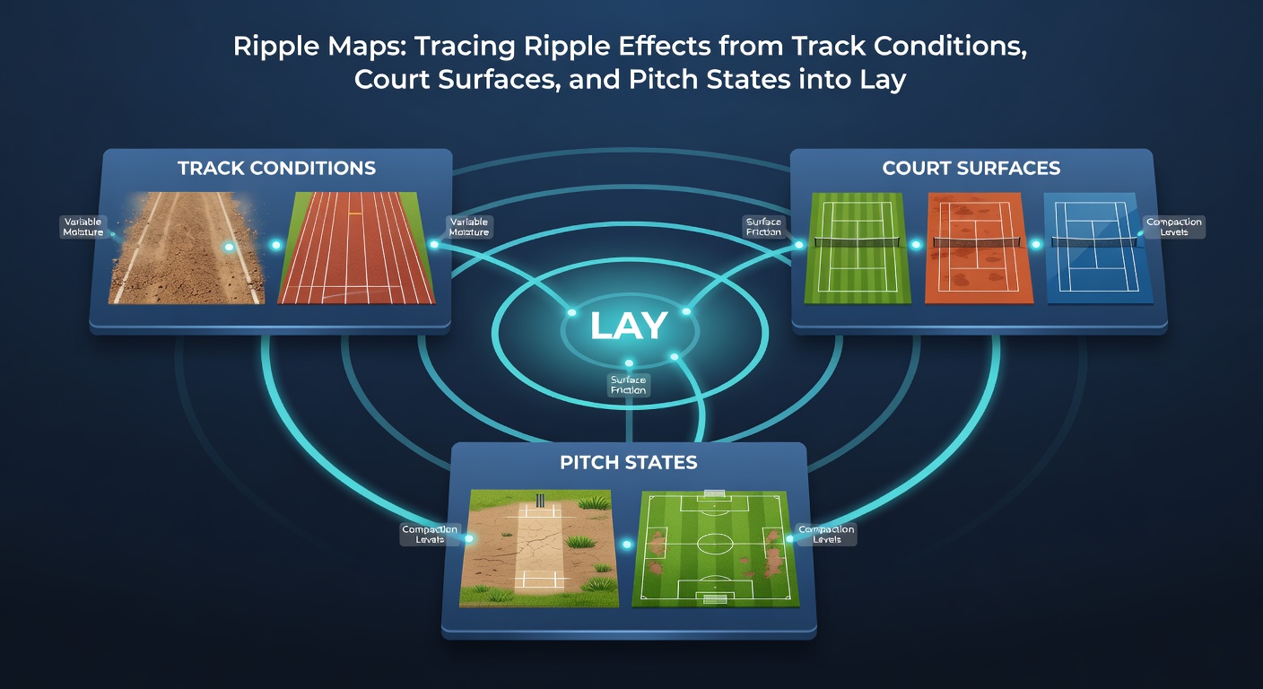 Illustration of layered forecast chains linking court surfaces to racket sport outcomes and pitch conditions to ball event predictions
