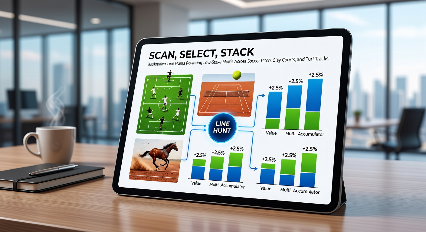 Screenshot of multiple bookmaker apps open side-by-side displaying odds lines for soccer matches, clay court tennis games, and turf horse races, highlighting price discrepancies