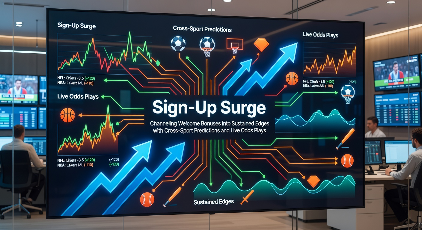Bettors analyzing cross-sport predictions on screens while activating welcome bonus offers, highlighting the surge in new account strategies