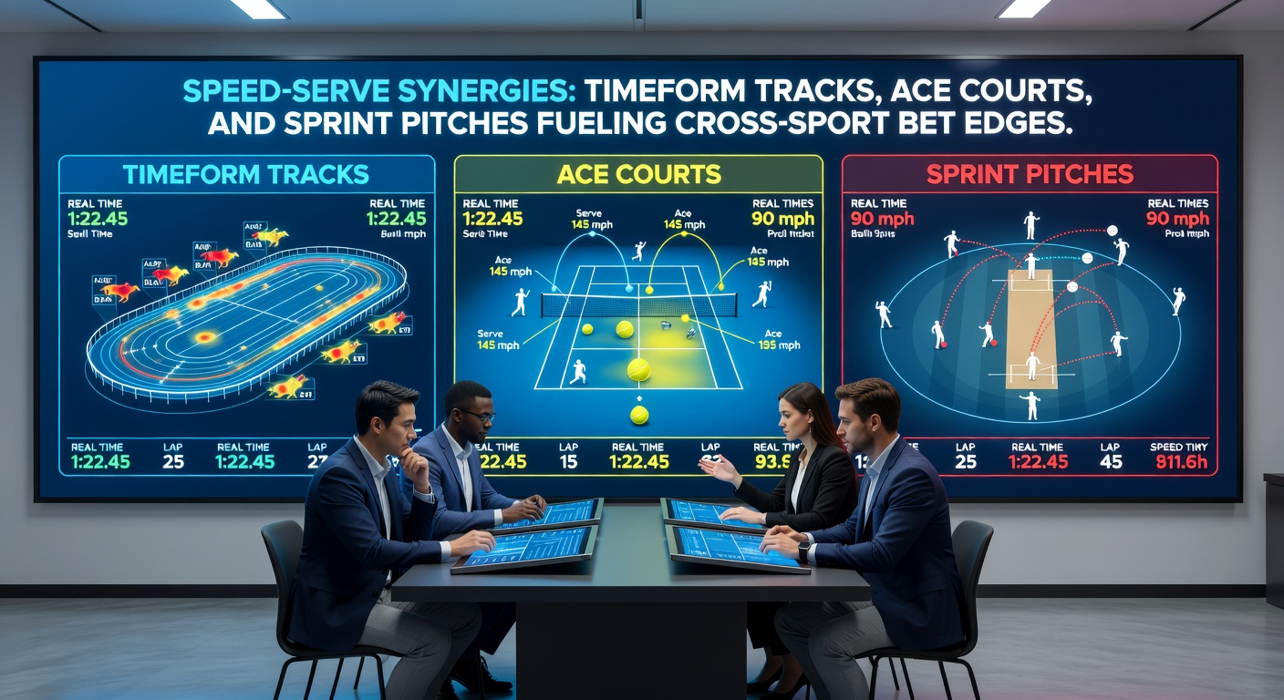Tennis player serving an ace on a fast hard court, with speed trails and overlaid horse racing pace graphs and football sprint heatmaps