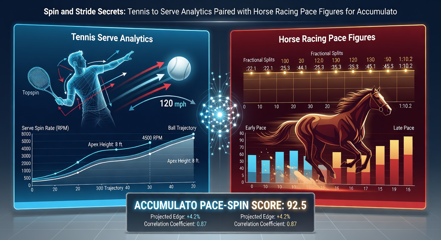Data charts overlaying tennis serve trajectories and horse racing pace graphs, highlighting analytics for betting accumulators