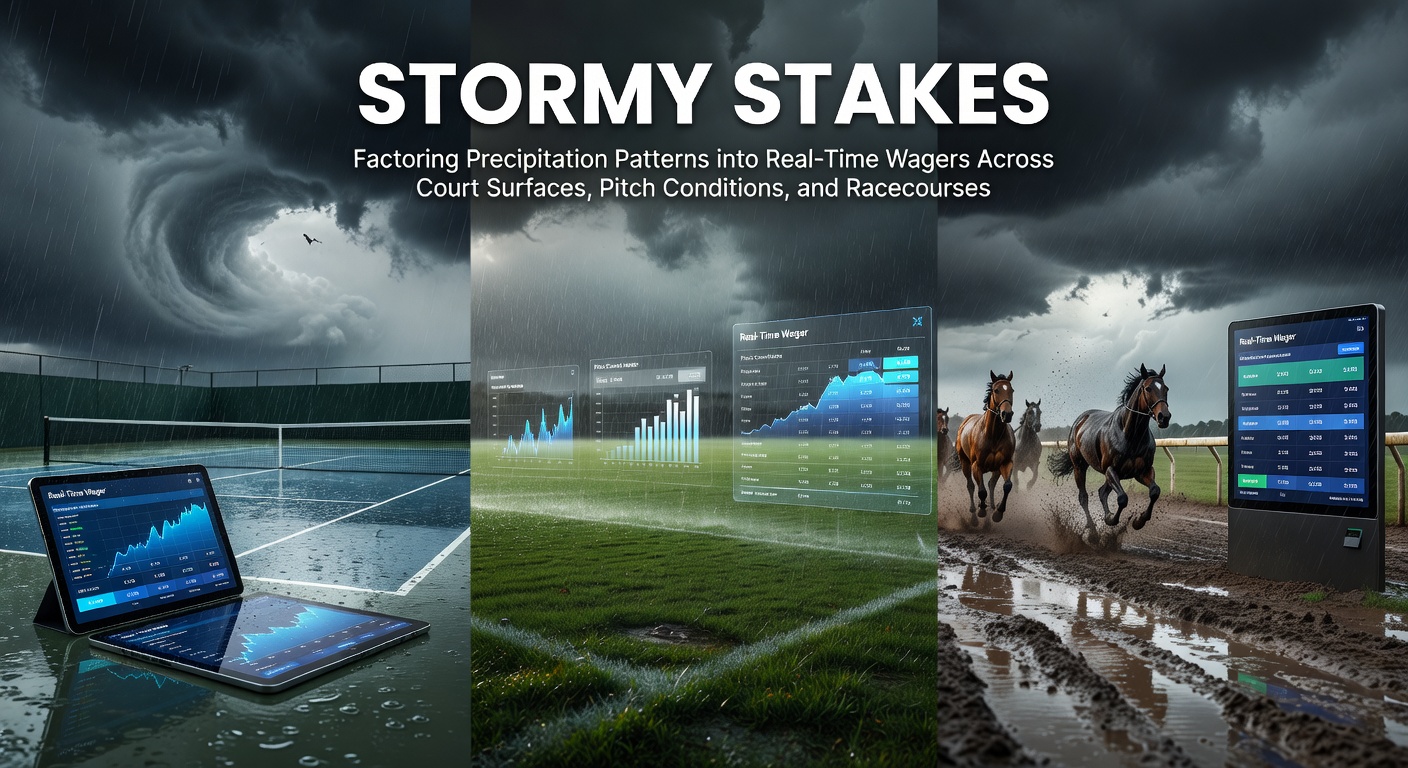 Rain affecting multiple sports surfaces including tennis courts, football pitches, and race tracks during live events
