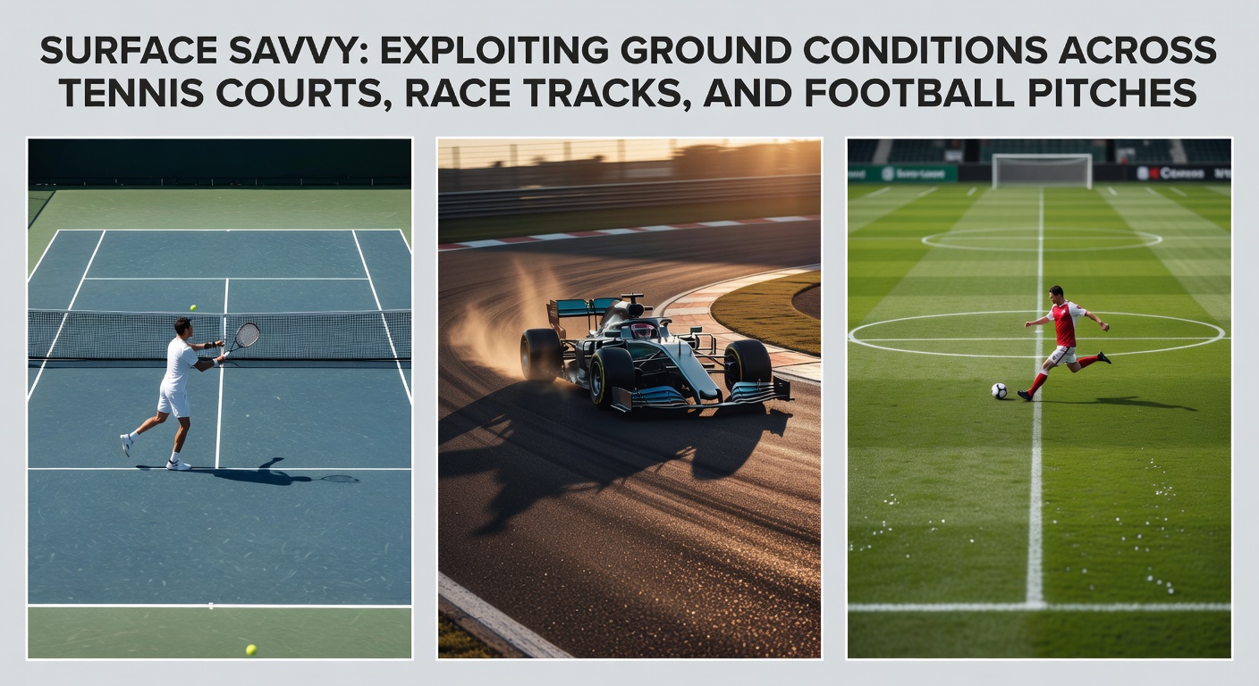 Close-up of a horse kicking up mud on a race track, overlaid with tennis ball bounce on clay and football boot prints in wet grass