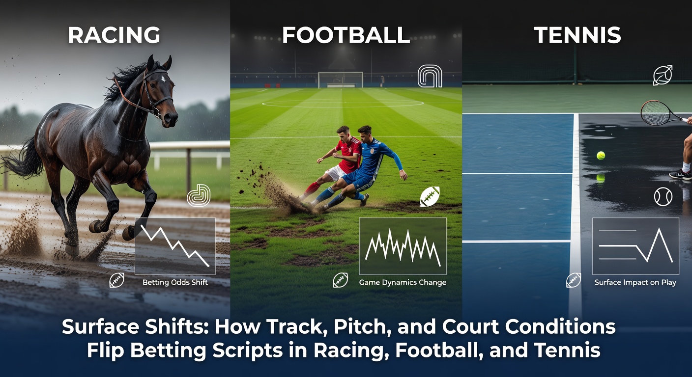 A horse racing track under varying weather conditions, showing mud splatters and dry patches that alter race dynamics